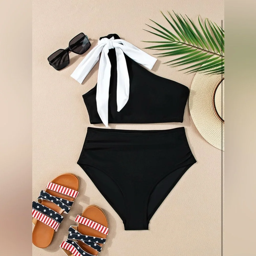 Women's XL Black One Shoulder High Waist Bikini Swimsuit White Bow Tie Beachwear